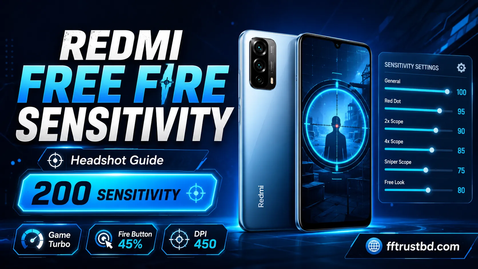Redmi Free Fire sensitivity settings for headshot with 200 sensitivity, DPI, fire button size and Game Turbo tips